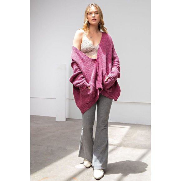 Easel Raspberry Dropped Shoulders Button Dwon Front Relaxed Fit Sweater Cardigan - Picture 3 of 5